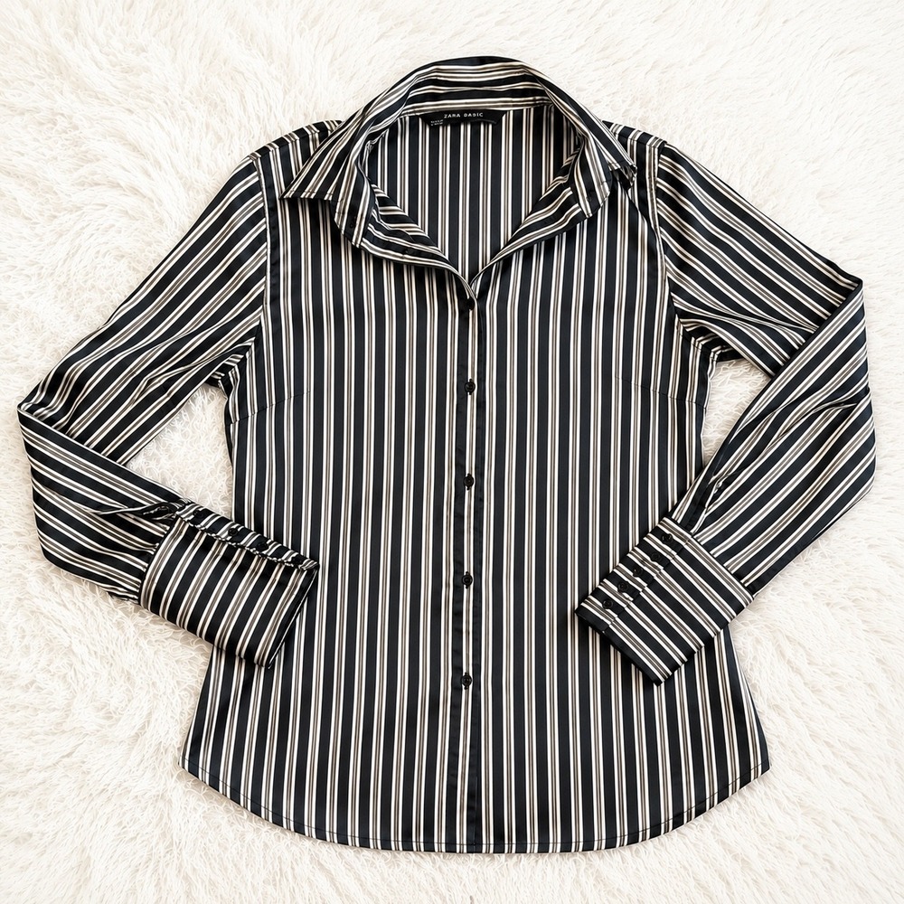 Zara Basic Striped Satin Stretch Button Down Shirt Womens S Black White Office - Picture 6 of 10